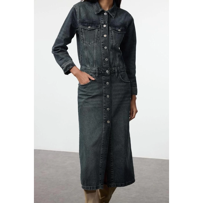 Women Fashion Stylish Midi Length Jacket Collar Denim Shirt Dress