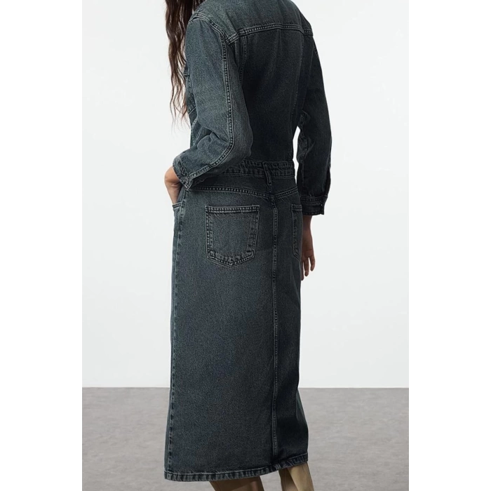 Women Fashion Stylish Midi Length Jacket Collar Denim Shirt Dress