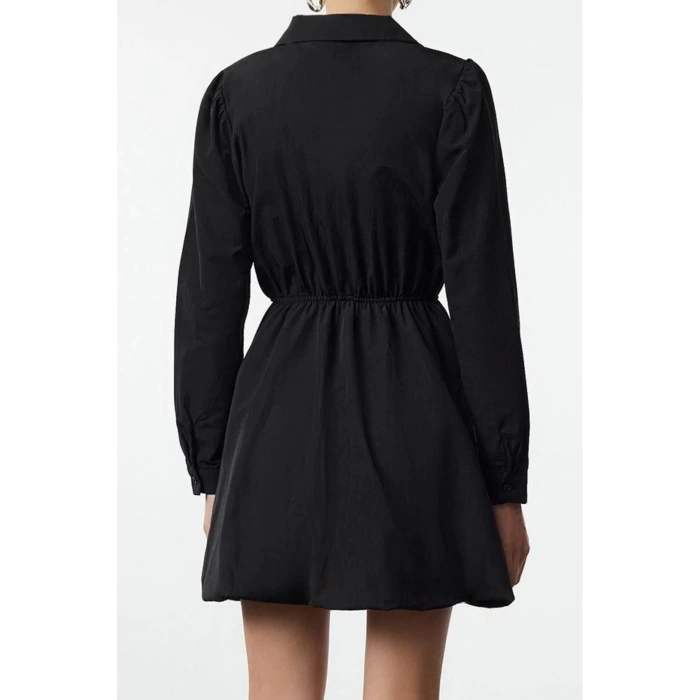 Women Fashion Stylish Mini Length Shirt Collar Regular Balloon Skirt Woven Dress