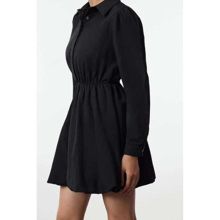 Women Fashion Stylish Mini Length Shirt Collar Regular Balloon Skirt Woven Dress