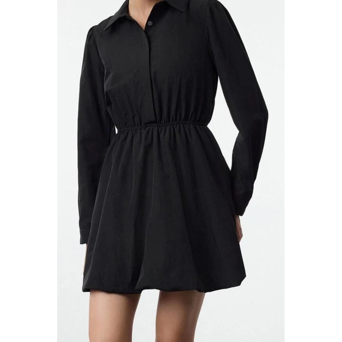Women Fashion Stylish Mini Length Shirt Collar Regular Balloon Skirt Woven Dress