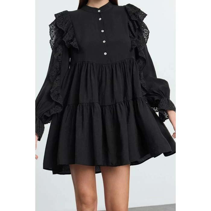 Women Fashion Stylish Mini Length Shirt Collar Regular Plain Lace Detailed Woven Dress