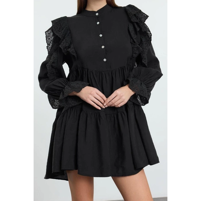 Women Fashion Stylish Mini Length Shirt Collar Regular Plain Lace Detailed Woven Dress