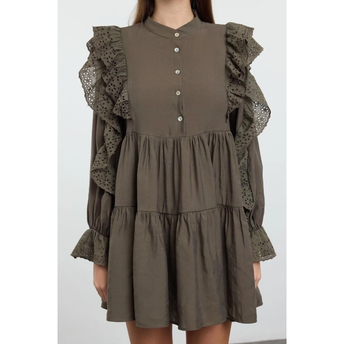 Women Fashion Stylish Mini Length Shirt Collar Regular Plain Lace Detailed Woven Dress