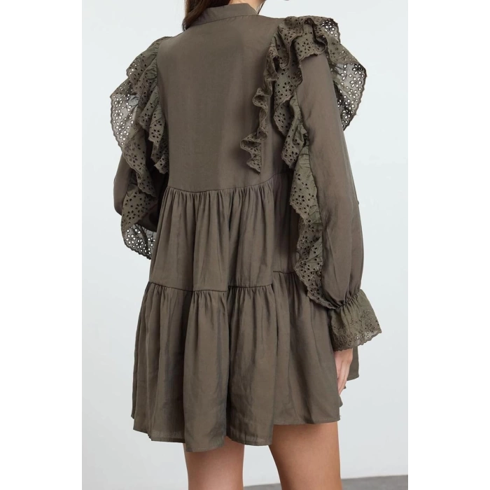 Women Fashion Stylish Mini Length Shirt Collar Regular Plain Lace Detailed Woven Dress