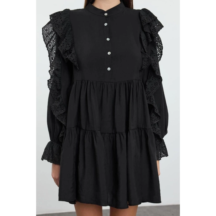 Women Fashion Stylish Mini Length Shirt Collar Regular Plain Lace Detailed Woven Dress