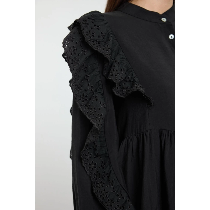 Women Fashion Stylish Mini Length Shirt Collar Regular Plain Lace Detailed Woven Dress