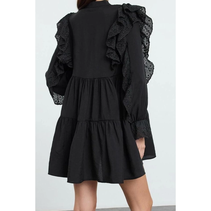 Women Fashion Stylish Mini Length Shirt Collar Regular Plain Lace Detailed Woven Dress