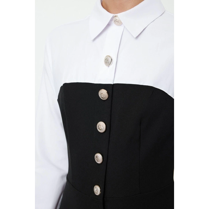 Women Fashion Stylish Midi Length Shirt Collar Regular Bodycon Button Detailed Woven Dress
