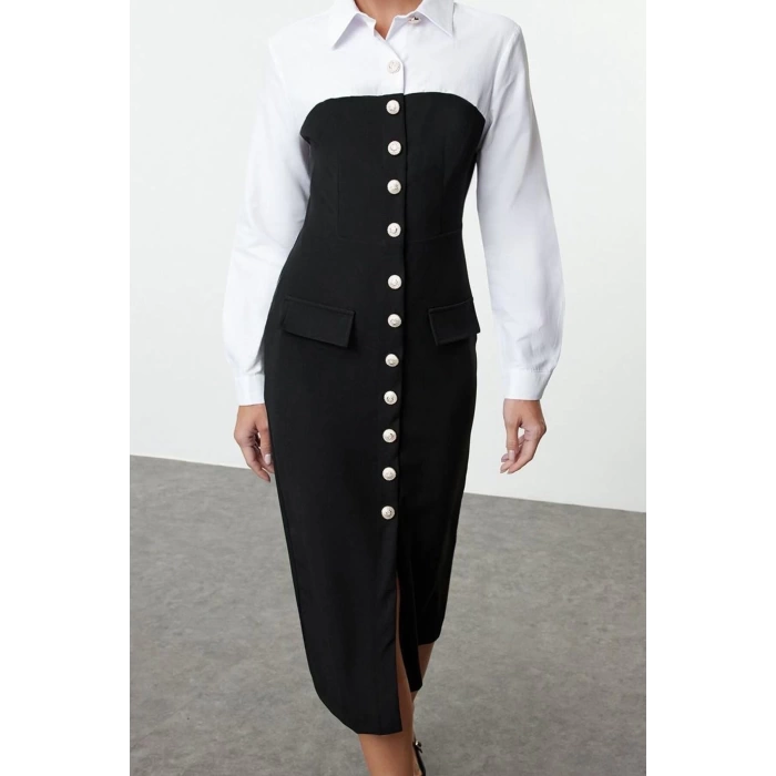 Women Fashion Stylish Midi Length Shirt Collar Regular Bodycon Button Detailed Woven Dress