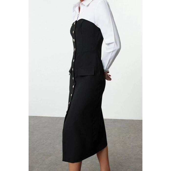 Women Fashion Stylish Midi Length Shirt Collar Regular Bodycon Button Detailed Woven Dress
