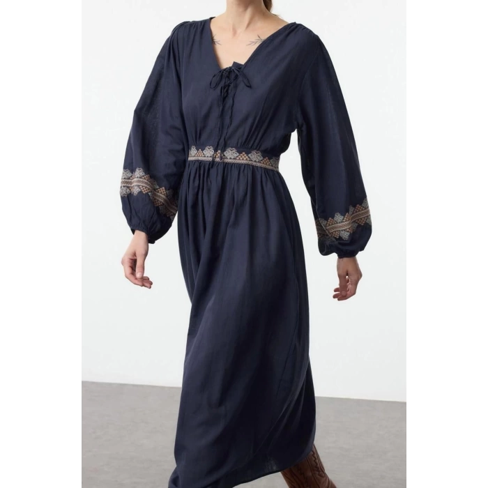 Women Fashion Stylish Midi Length V Neck Regular Waist Open Embroidered Woven Dress