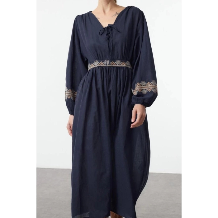 Women Fashion Stylish Midi Length V Neck Regular Waist Open Embroidered Woven Dress