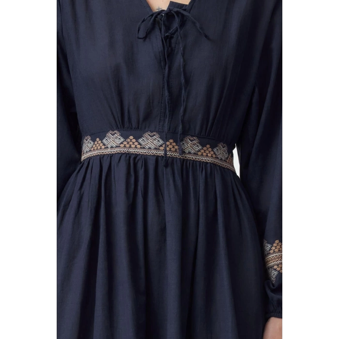 Women Fashion Stylish Midi Length V Neck Regular Waist Open Embroidered Woven Dress
