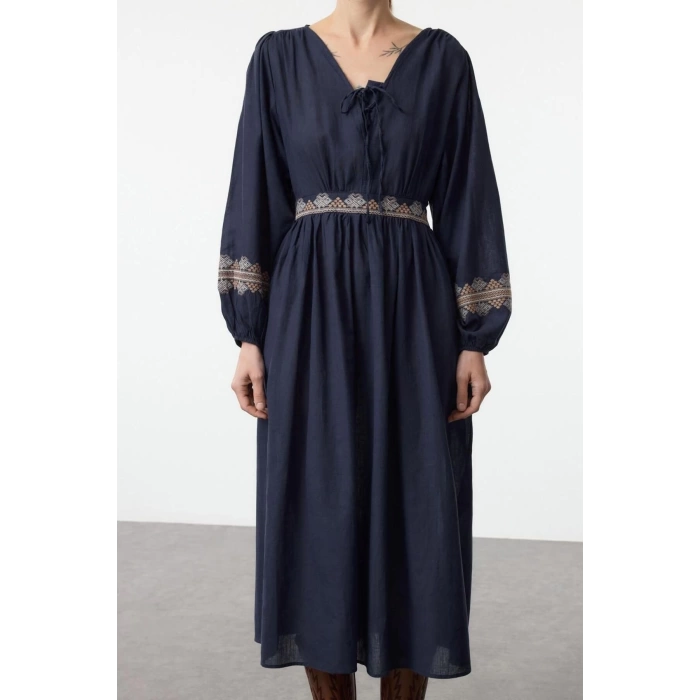 Women Fashion Stylish Midi Length V Neck Regular Waist Open Embroidered Woven Dress