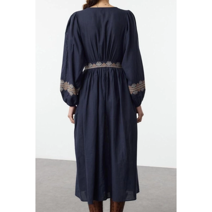 Women Fashion Stylish Midi Length V Neck Regular Waist Open Embroidered Woven Dress