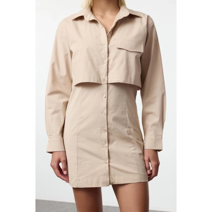 Women Fashion Stylish Mini Length Shirt Collar Regular A Cut Pocket Detailed Woven Dress