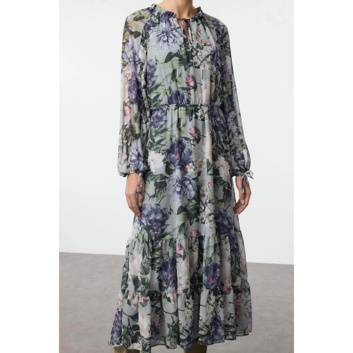Women Fashion Stylish Maxi Length Stand Collar Regular Floral Waist Open Lined Woven Winter Dress