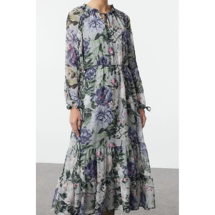 Women Fashion Stylish Maxi Length Stand Collar Regular Floral Waist Open Lined Woven Winter Dress