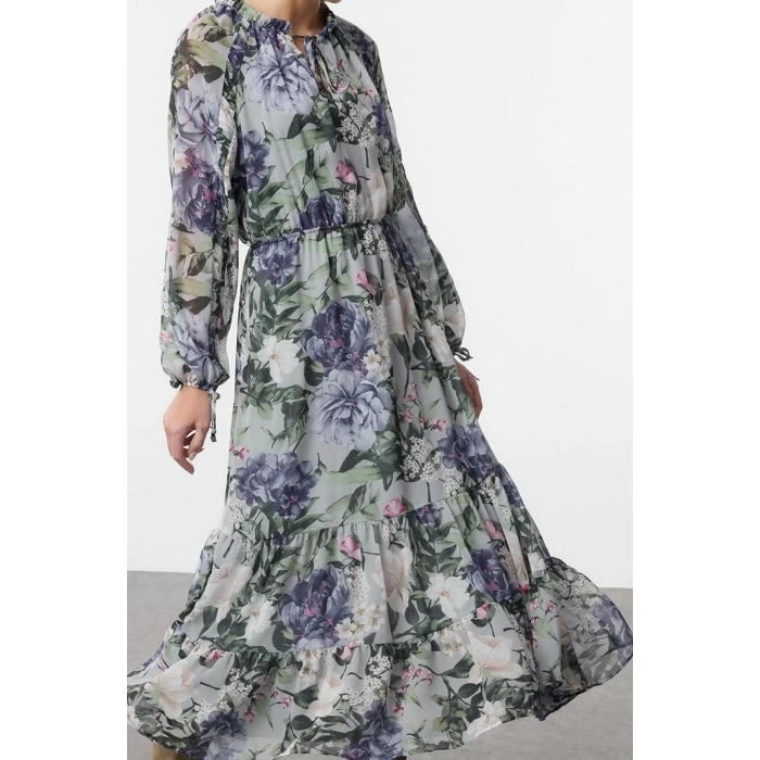 Women Fashion Stylish Maxi Length Stand Collar Regular Floral Waist Open Lined Woven Winter Dress