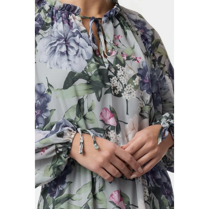 Women Fashion Stylish Maxi Length Stand Collar Regular Floral Waist Open Lined Woven Winter Dress