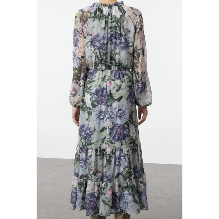Women Fashion Stylish Maxi Length Stand Collar Regular Floral Waist Open Lined Woven Winter Dress