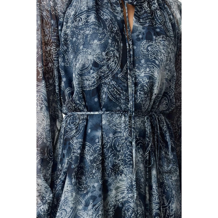 Women Fashion Stylish Midi Length Crew Neck Regular Belted Floral A-Line Lined Woven Winter Dress