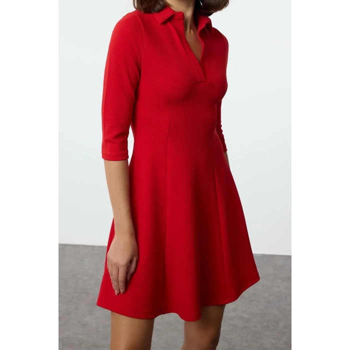 Women Fashion Stylish Mini Length Polo Neck Slim Skater Waist Open Knitted Dress