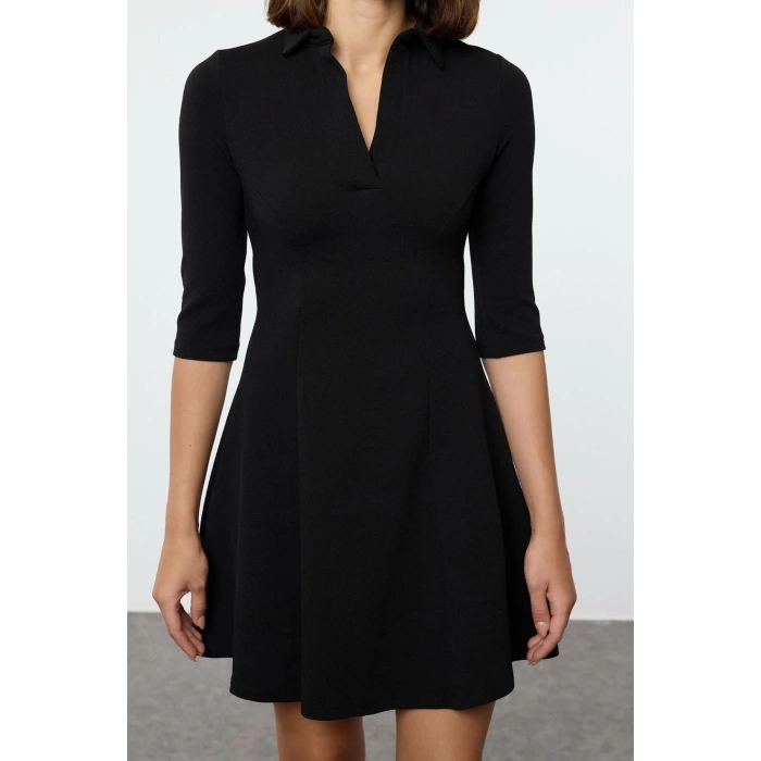 Women Fashion Stylish Mini Length Polo Neck Slim Skater Waist Open Knitted Dress