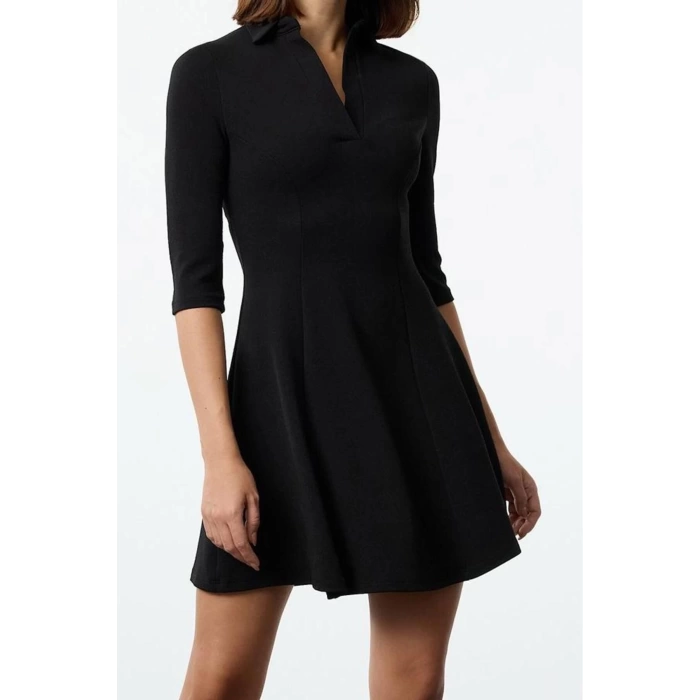Women Fashion Stylish Mini Length Polo Neck Slim Skater Waist Open Knitted Dress