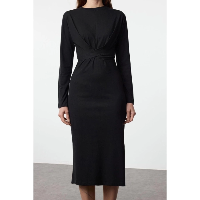 Womens Fashion Stylish Midi Length Crew Neck Slim 100% Cotton Tie Detailed Body-Sit Knitted Dress