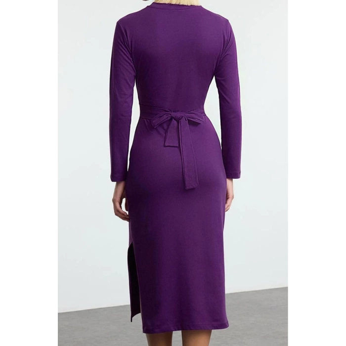 Womens Fashion Stylish Midi Length Crew Neck Slim 100% Cotton Tie Detailed Body-Sit Knitted Dress