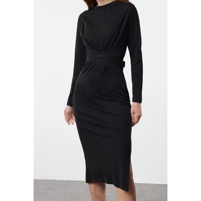 Womens Fashion Stylish Midi Length Crew Neck Slim 100% Cotton Tie Detailed Body-Sit Knitted Dress
