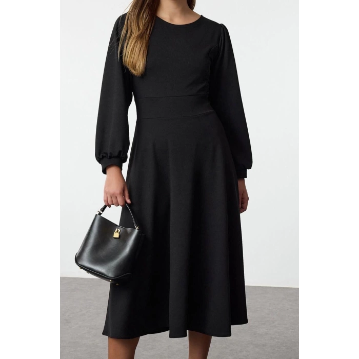 Women Fashion Stylish Maxi Length Crew Neck Relaxed Zippered Balloon Sleeve Ruffle Skirt Knitted Dress