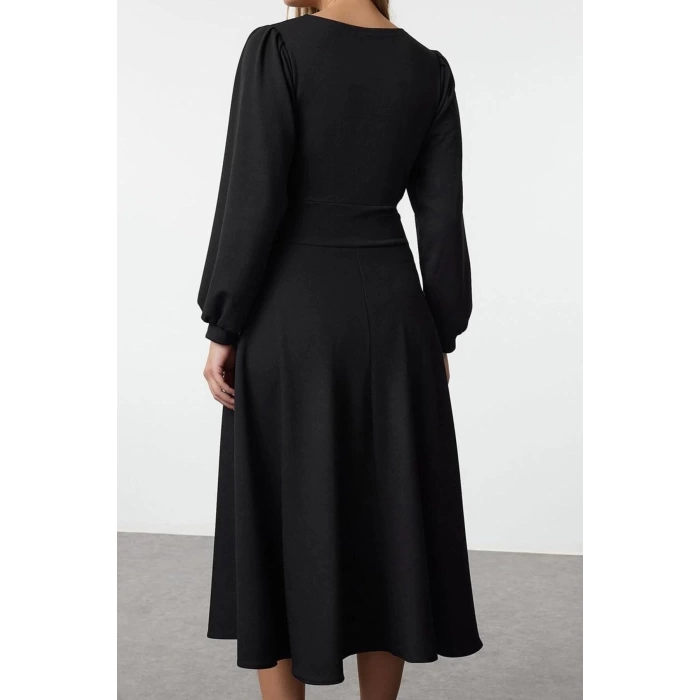 Women Fashion Stylish Maxi Length Crew Neck Relaxed Zippered Balloon Sleeve Ruffle Skirt Knitted Dress
