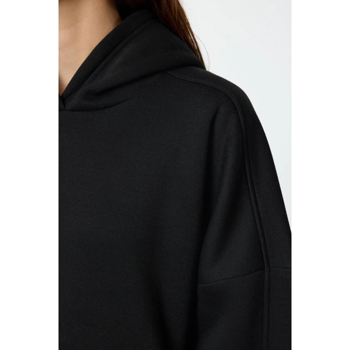 Women Fashion Stylish Mini Length Hooded Relaxed Hooded Zippered Color Block Embroidered Detailed Knitted Dress