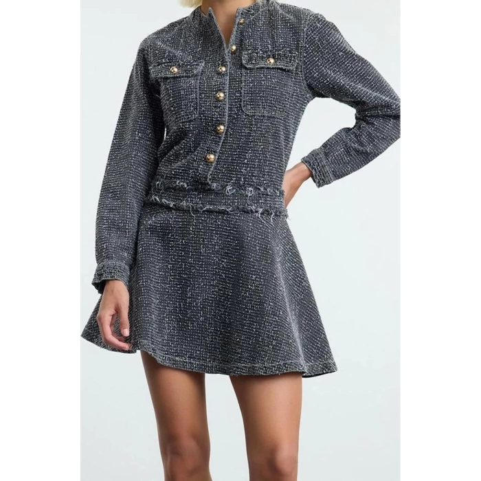 Women Fashion Stylish Mini Length Crew Neck Denim Pocket Detail Dress