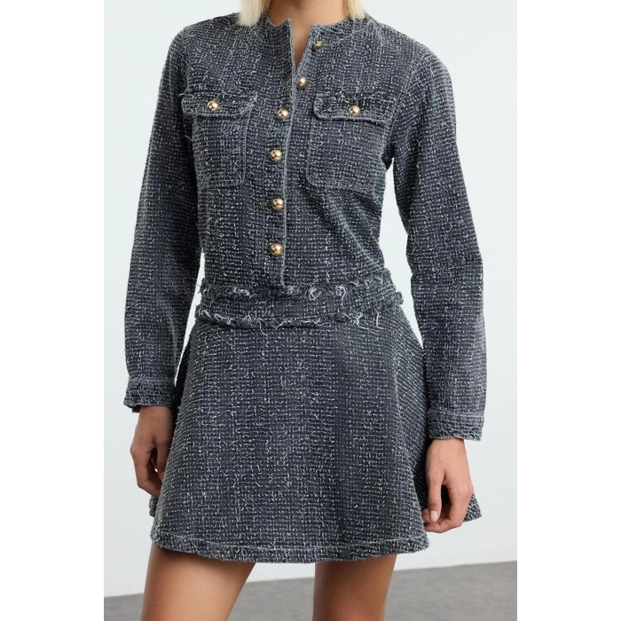 Women Fashion Stylish Mini Length Crew Neck Denim Pocket Detail Dress