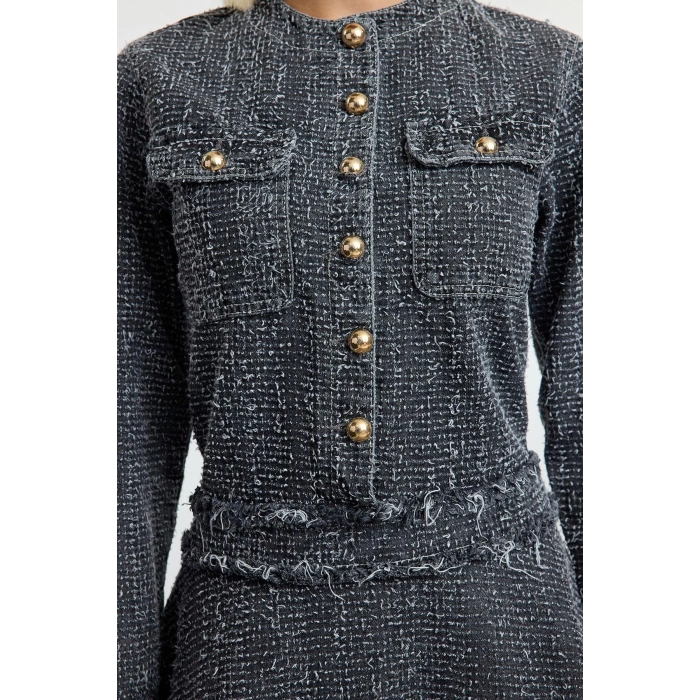 Women Fashion Stylish Mini Length Crew Neck Denim Pocket Detail Dress