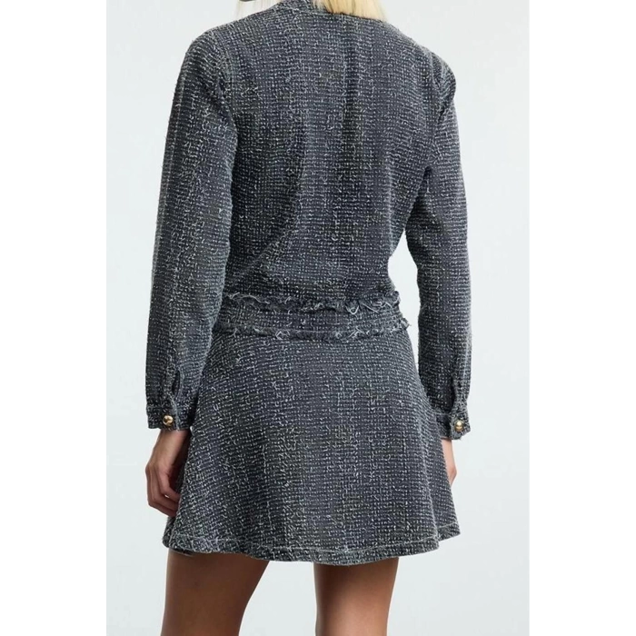 Women Fashion Stylish Mini Length Crew Neck Denim Pocket Detail Dress