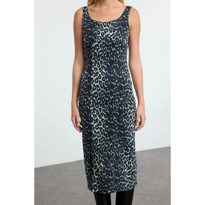 Women Fashion Stylish Midi Length Square Neck Denim Leopard Print Dress Dress