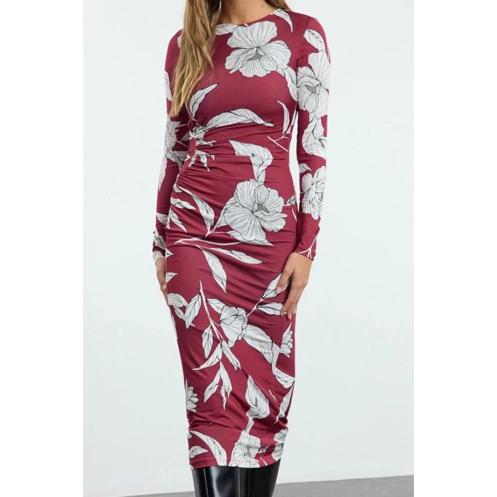 Womens Fashion Stylish Midi Length Crew Neck Slim Printed Body-Fitting Flexible Gathered Detailed Knitted Dress