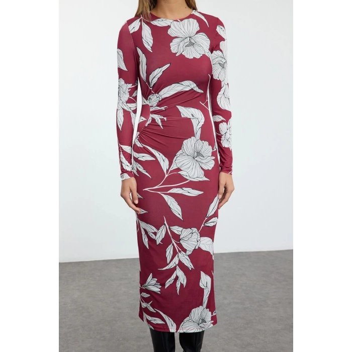 Womens Fashion Stylish Midi Length Crew Neck Slim Printed Body-Fitting Flexible Gathered Detailed Knitted Dress
