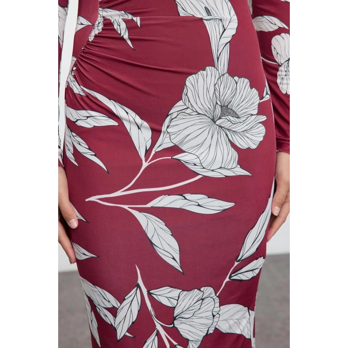 Womens Fashion Stylish Midi Length Crew Neck Slim Printed Body-Fitting Flexible Gathered Detailed Knitted Dress