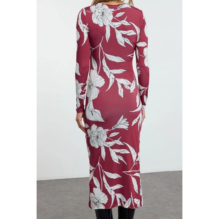 Womens Fashion Stylish Midi Length Crew Neck Slim Printed Body-Fitting Flexible Gathered Detailed Knitted Dress