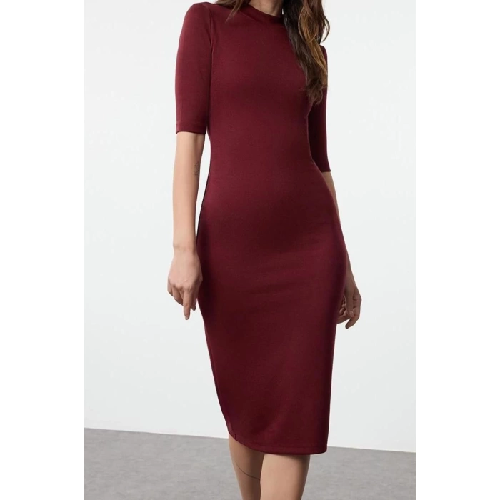 Women Fashion Stylish Midi Length Stand Collar Slim Bodycone Fitted Three Quarter Sleeve Knitted Dress