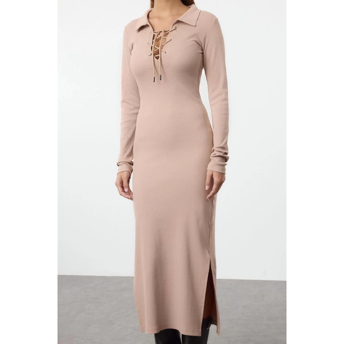 Women Fashion Stylish Midi Length Polo Neck Slim Eyelet Tie Detailed Fitted Elastic Ribbed Dress