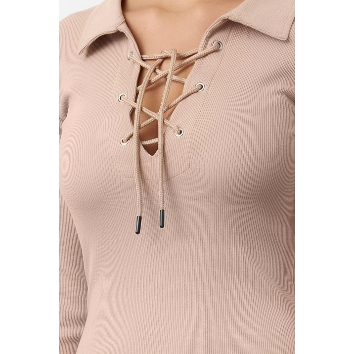 Women Fashion Stylish Midi Length Polo Neck Slim Eyelet Tie Detailed Fitted Elastic Ribbed Dress