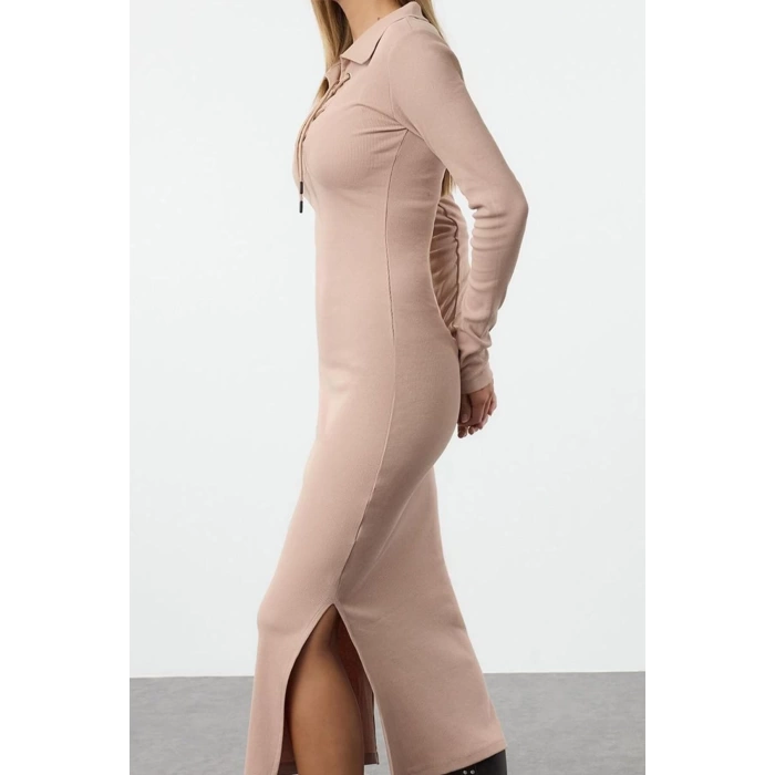 Women Fashion Stylish Midi Length Polo Neck Slim Eyelet Tie Detailed Fitted Elastic Ribbed Dress