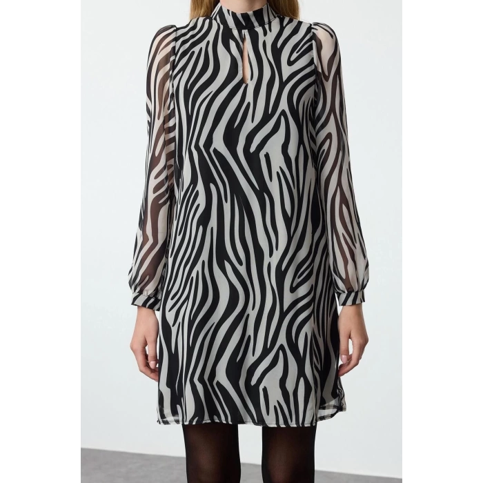 Women Fashion Stylish Mini Length Stand Collar Regular Animal Patterned Straight Cut Lined Woven Winter Dress